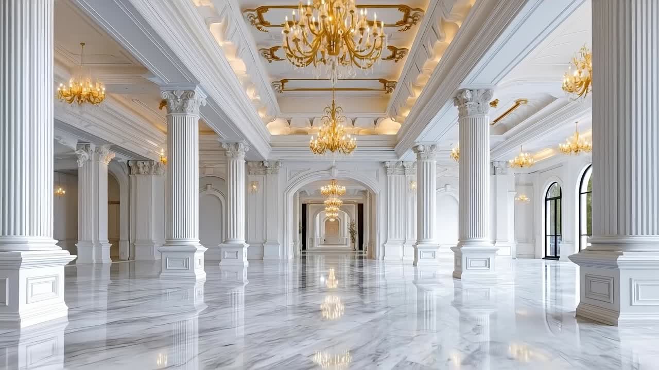 A large white marble floor with a chandelier in the middle of it