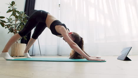 a cute girl does yoga at home next to her beautiful dog