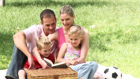 family reading a book in a park