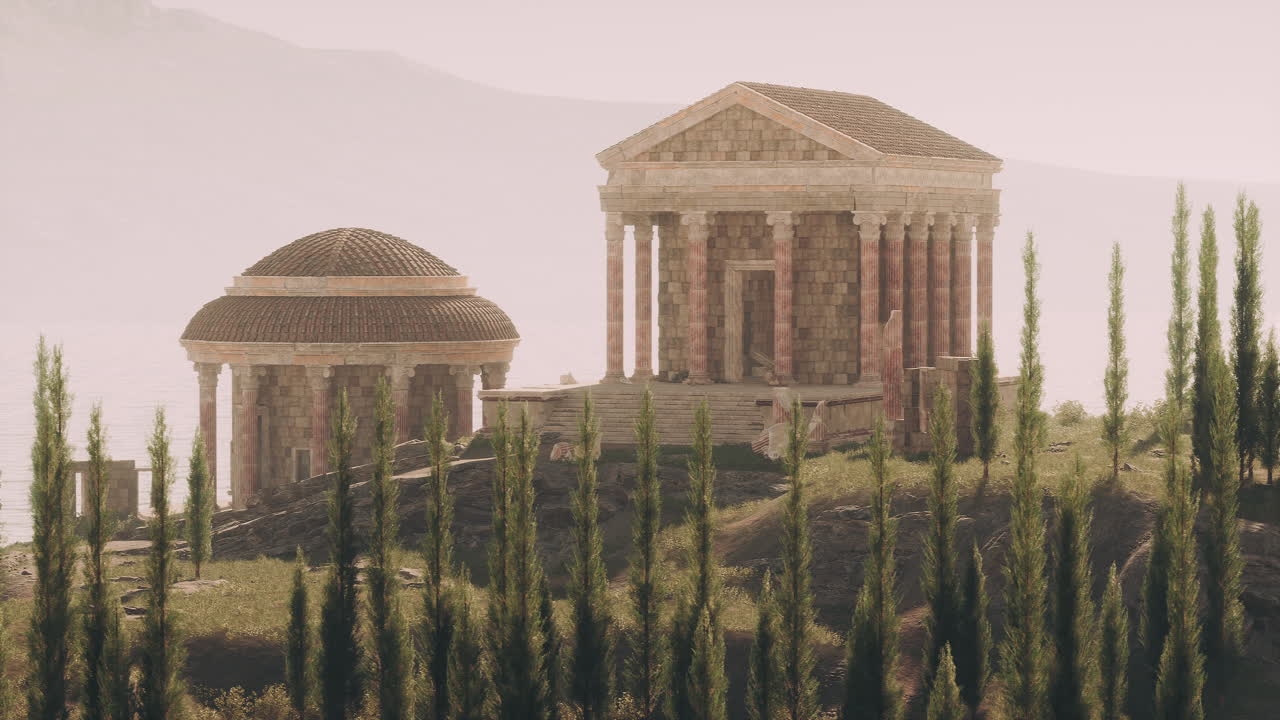 Ancient roman temple ruins surrounded by greenery in a serene landscape