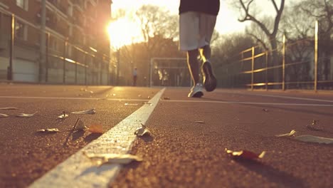 a person running on a court during sunrise