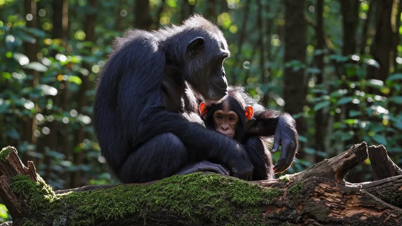 Close-up video of a chimpanzee in a natural setting, shot from a low angle