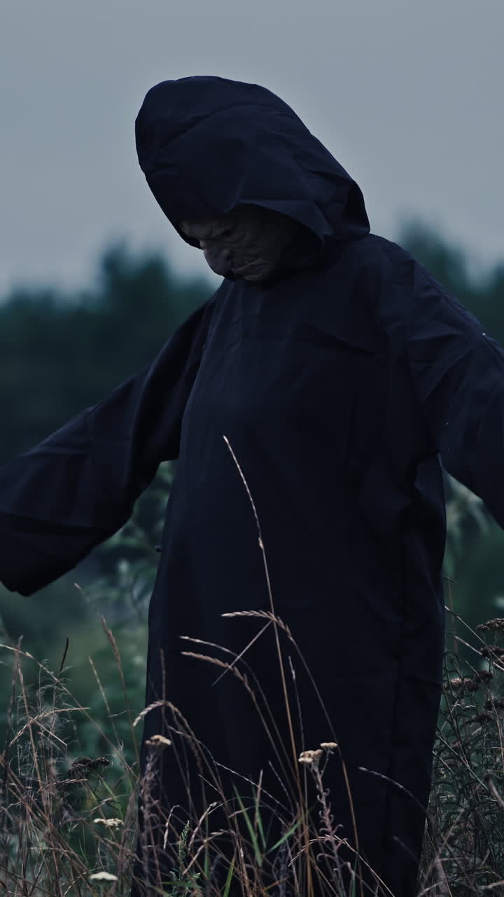Witch standing in rural landscape. Witch stands in high dry grass in the field against the background of the forest Vertical video