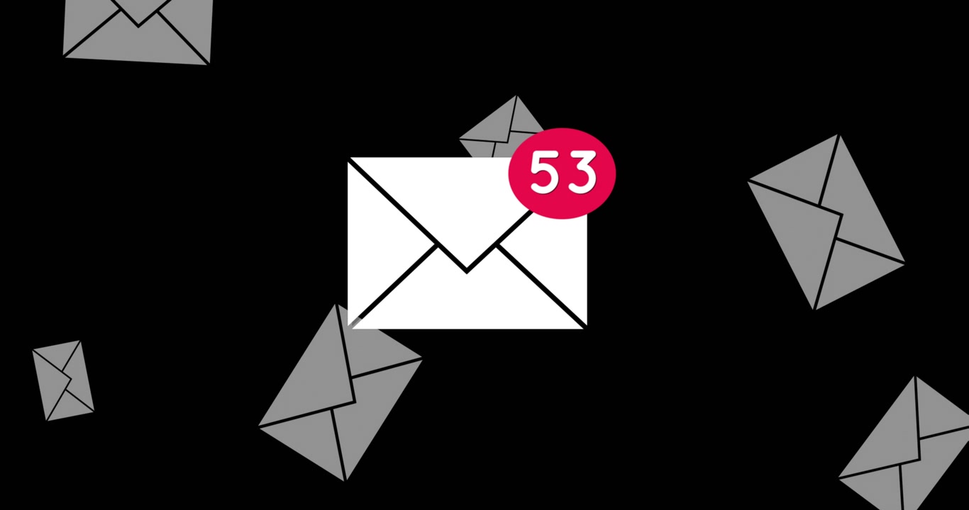 Animazione del numero di nuove email e buste che fluttuano su uno sfondo nero.