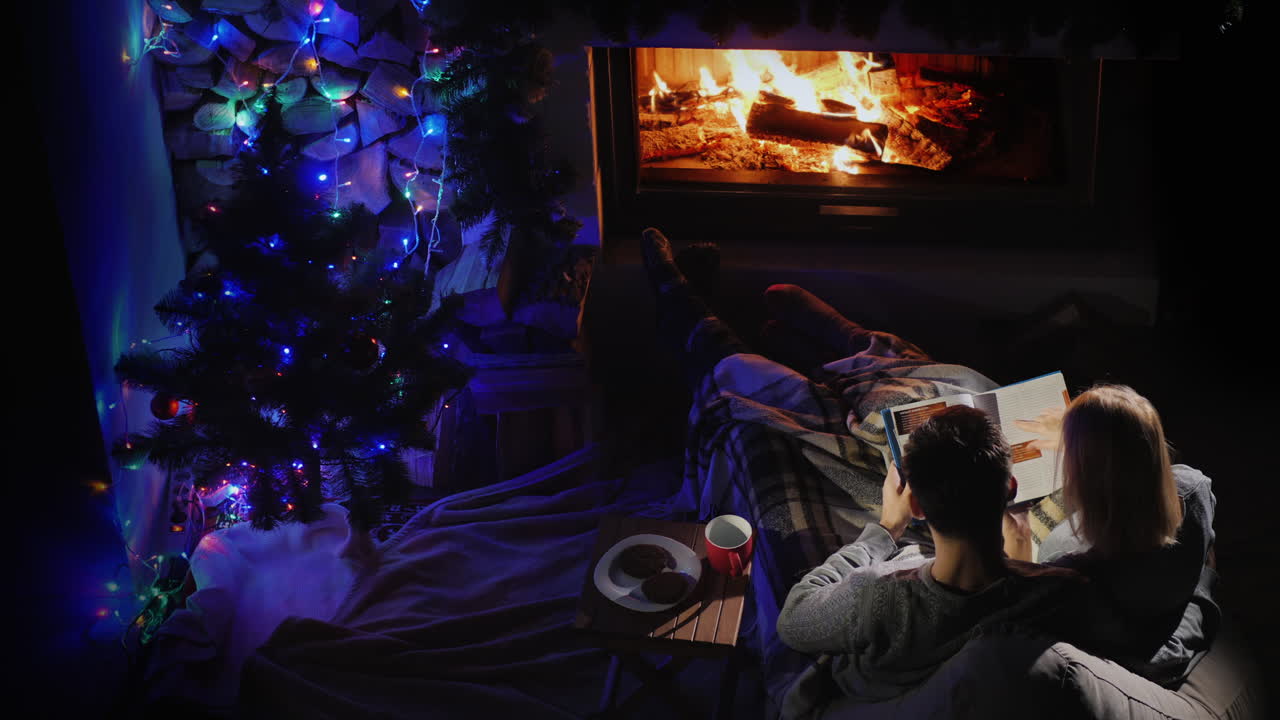 мужчина и женщина читают книгу у камина, где стоит рождественская елка