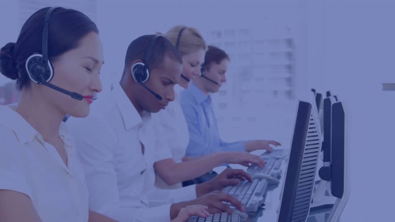 Animation of processor circuit board over business people using phone headsets