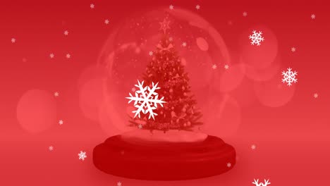 Animation-of-snow-falling-over-christmas-decoration-snow-globe-with-christmas-tree-on-red-background