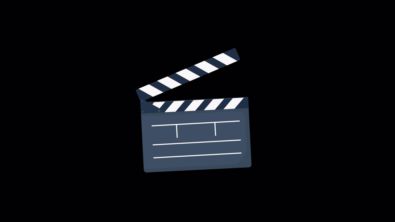 Animierte Filmklappe, die sich auf schwarzem Hintergrund öffnet und schließt