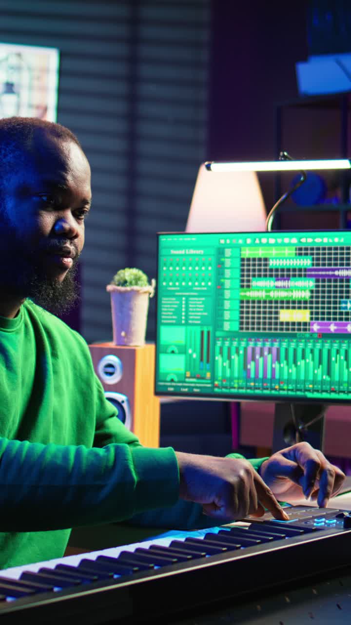 African American Music Producer Working on Digital Audio Workstation
