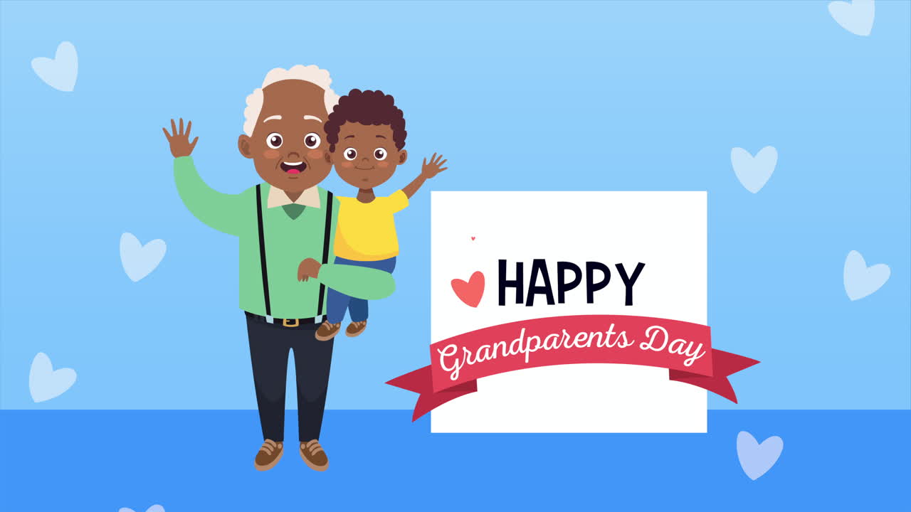행복한 할아버지와 할머니의 날 카드와 함께 아프로 할아버지가 손자를 들어 올리는