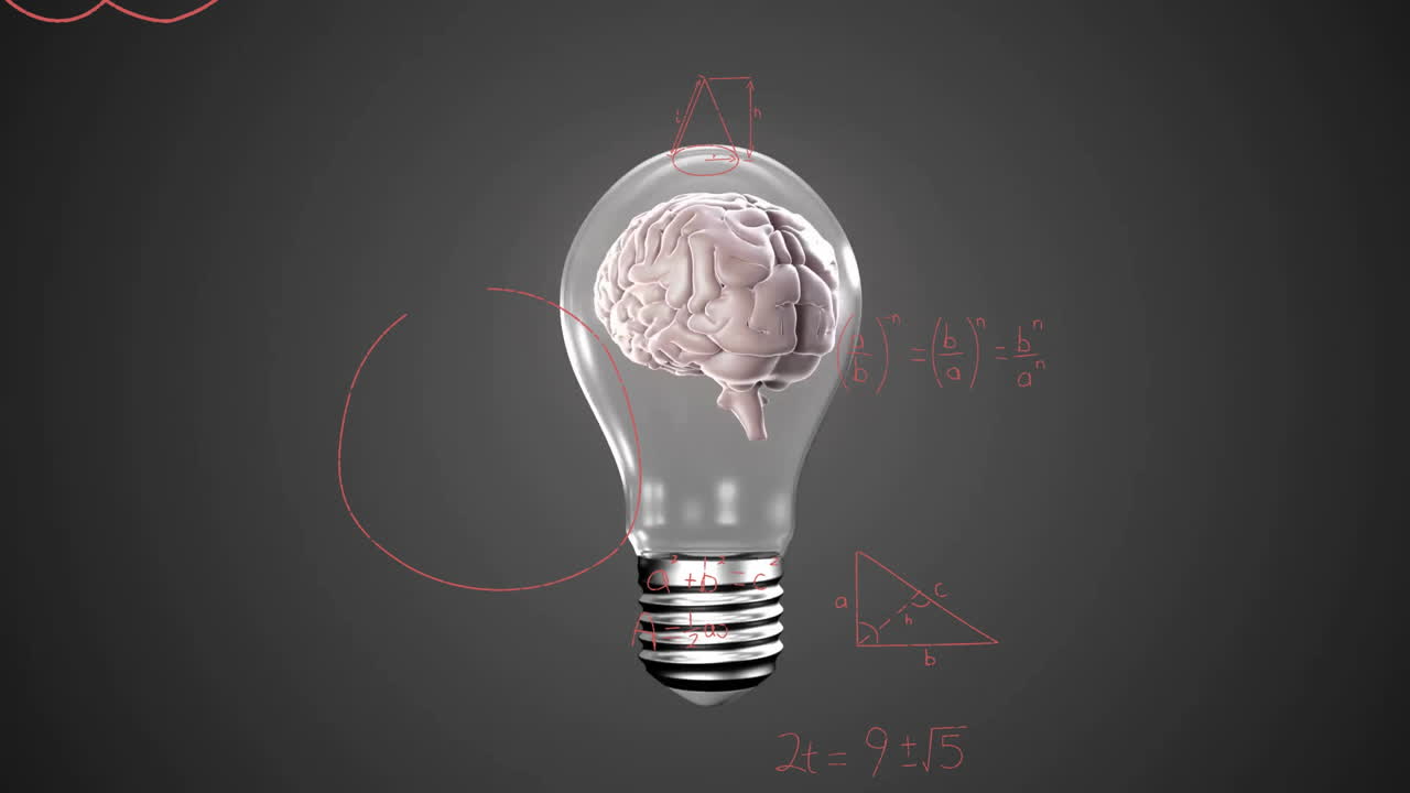 animazione di equazioni matematiche su cervello digitale in lampadina su sfondo nero