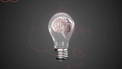 animation of mathematical equations over digital brain in light bulb on black background