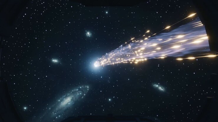 Entering from right energy projectile moving toward port, activating ring core and emitting sparks