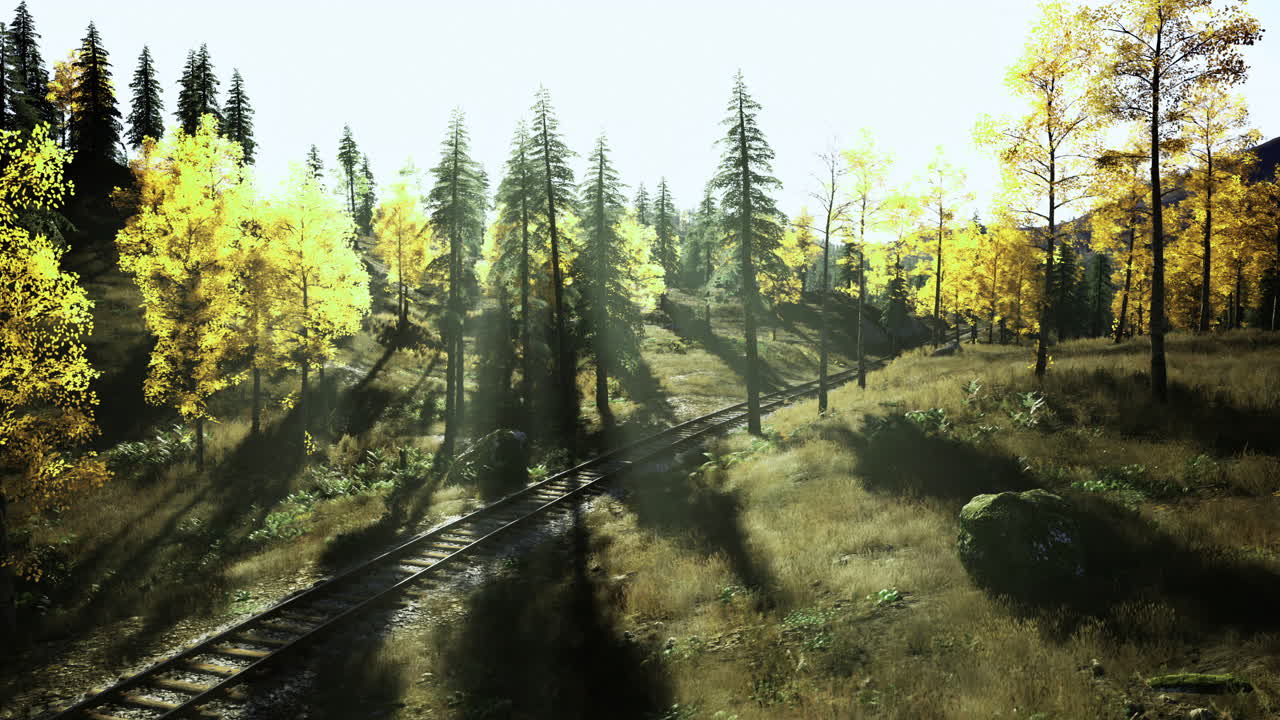 Scenic autumn landscape with railway tracks and vibrant foliage in sunlight