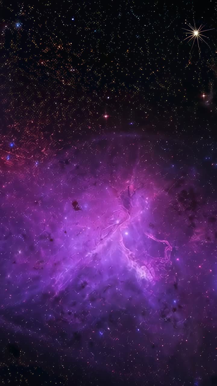 Vídeo vertical: cámara panorámica que revela una nebulosa púrpura que se desliza en el espacio, mostrando una estrella brillante con púas