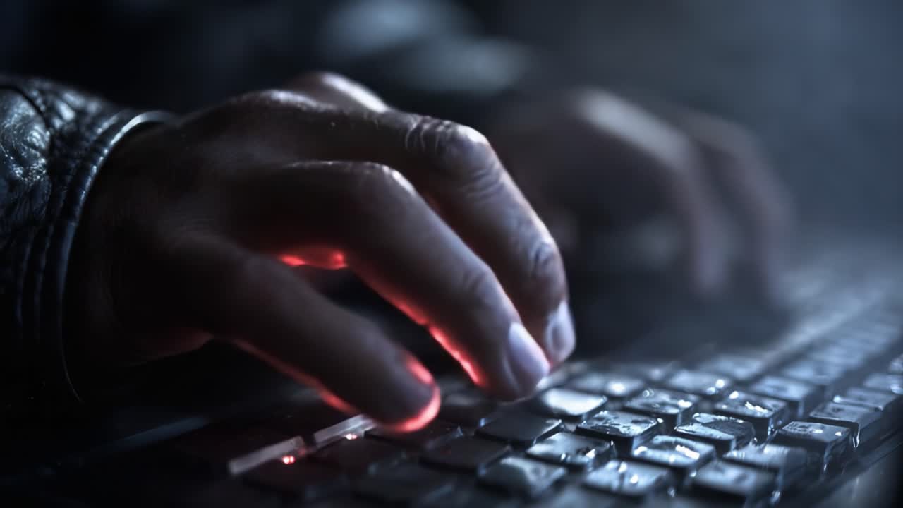 Mysterious Hands Typing on a Keyboard in a Dimly Lit Environment, Creating a Sense of Intrigue Around Late-Night Digital Activities