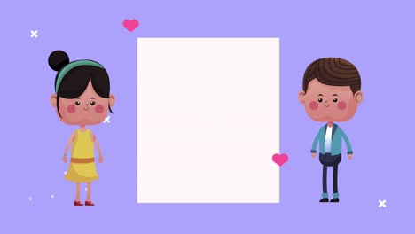 빈 공간을 가진 귀여운 만화 소년과 소녀