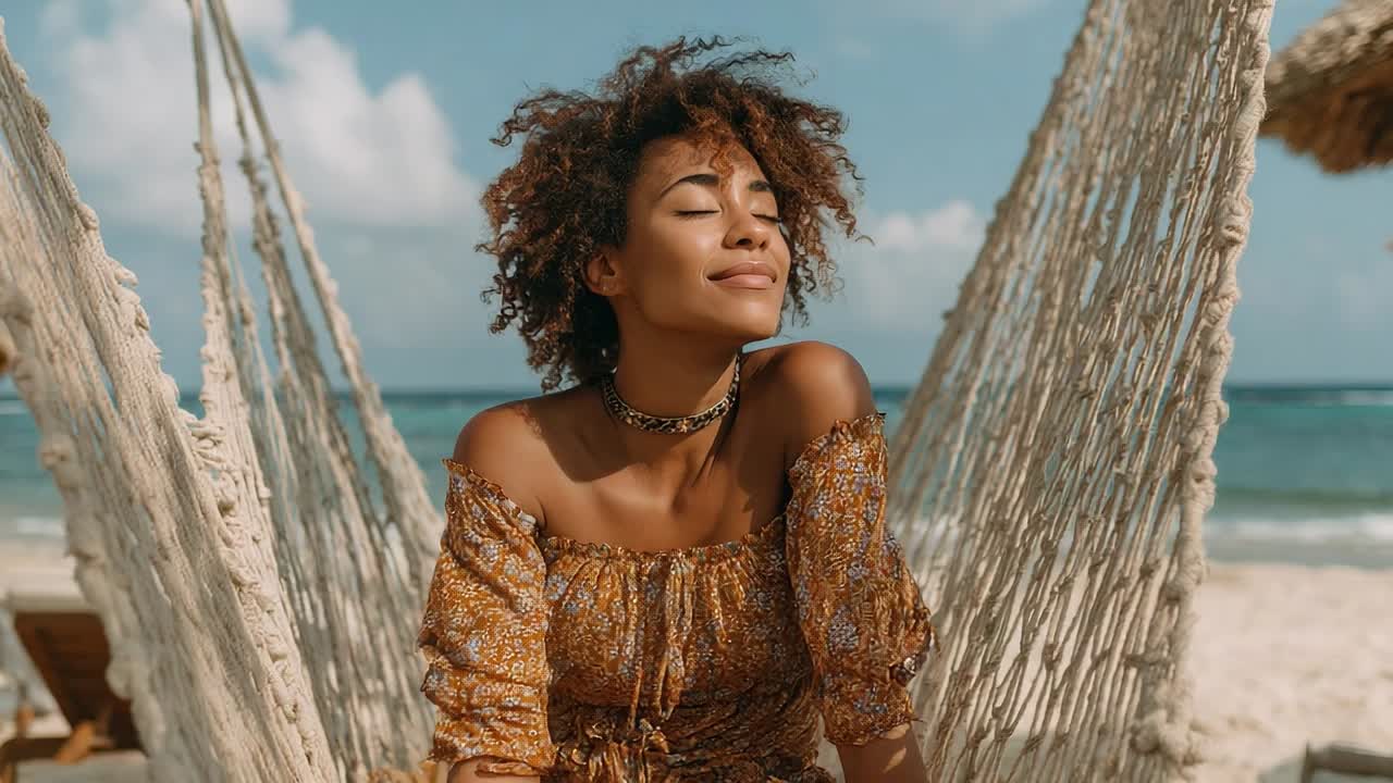 Woman enjoying the sunshine while relaxing in a hammock by the beach