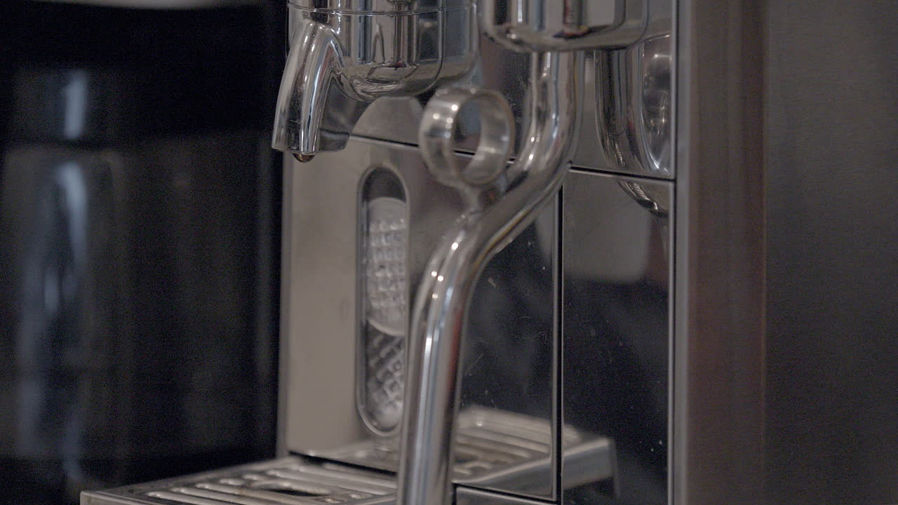 A white espresso cup is placed on an espresso machine for a shot of espresso