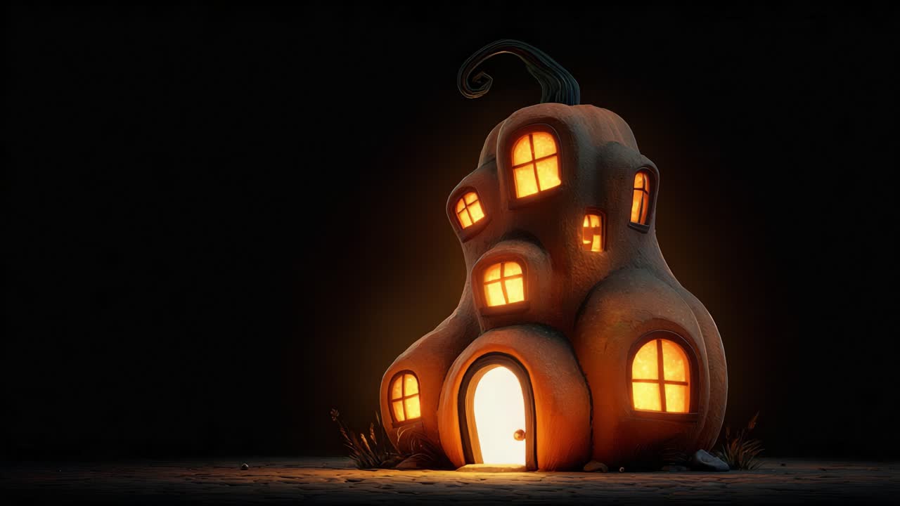 A Whimsical Pumpkin House: A Charming Abode with Glowing Windows and Unique Architecture Set Against a Mysterious Dark Background, Perfect for Enchanting Tales