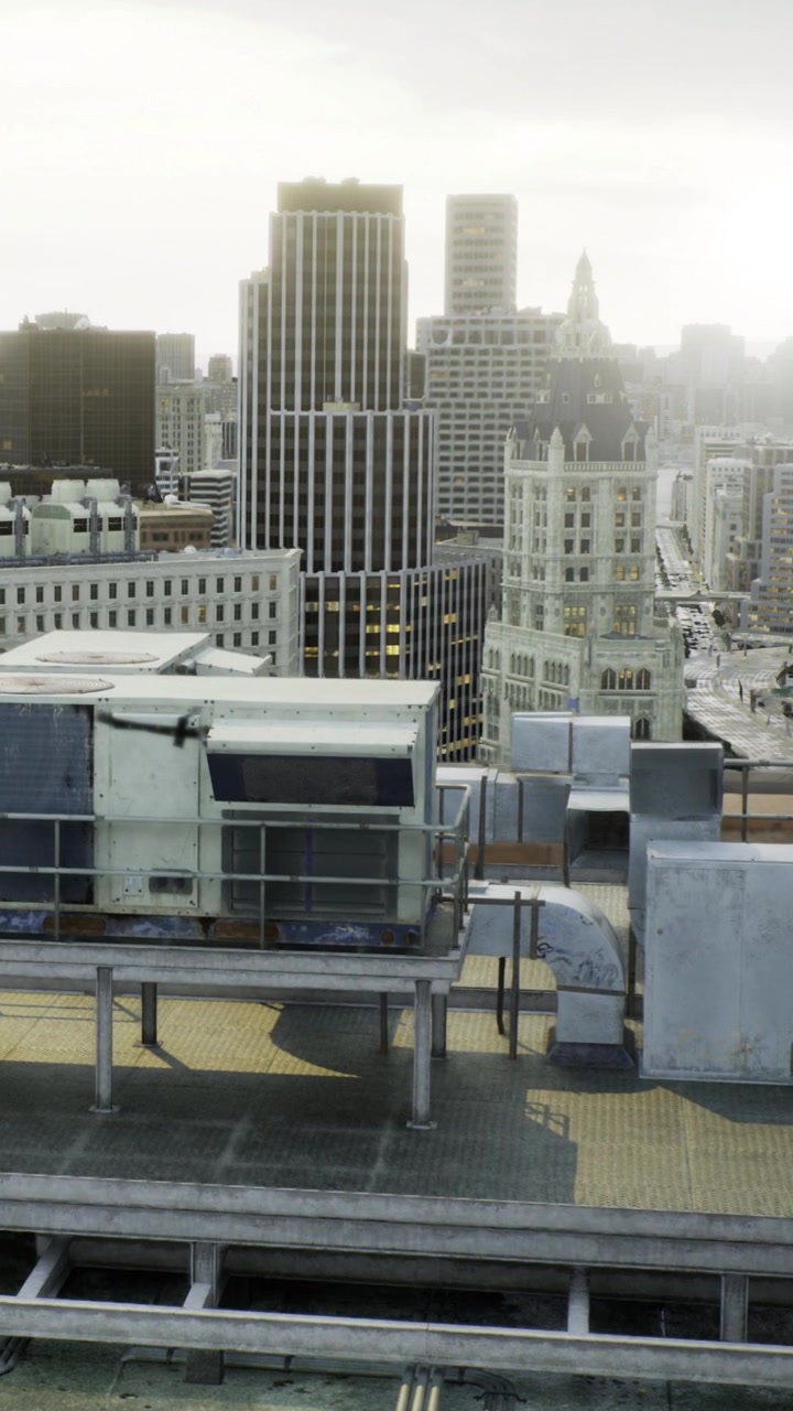 City skyline view from the roof of a tall building in an urban area