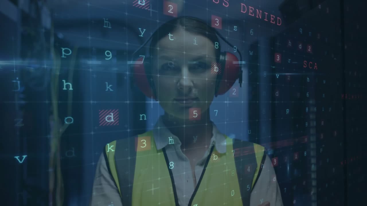 Female technician monitoring data center rack, overlay alerts flashing malware scanning warnings