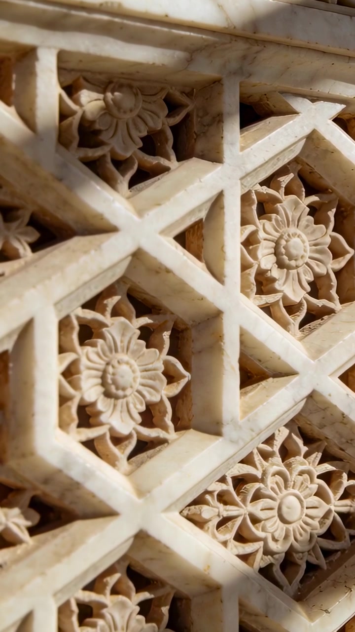 Vertical video: Panning camera across lattice panel at interior wall, showing rosettes and relief