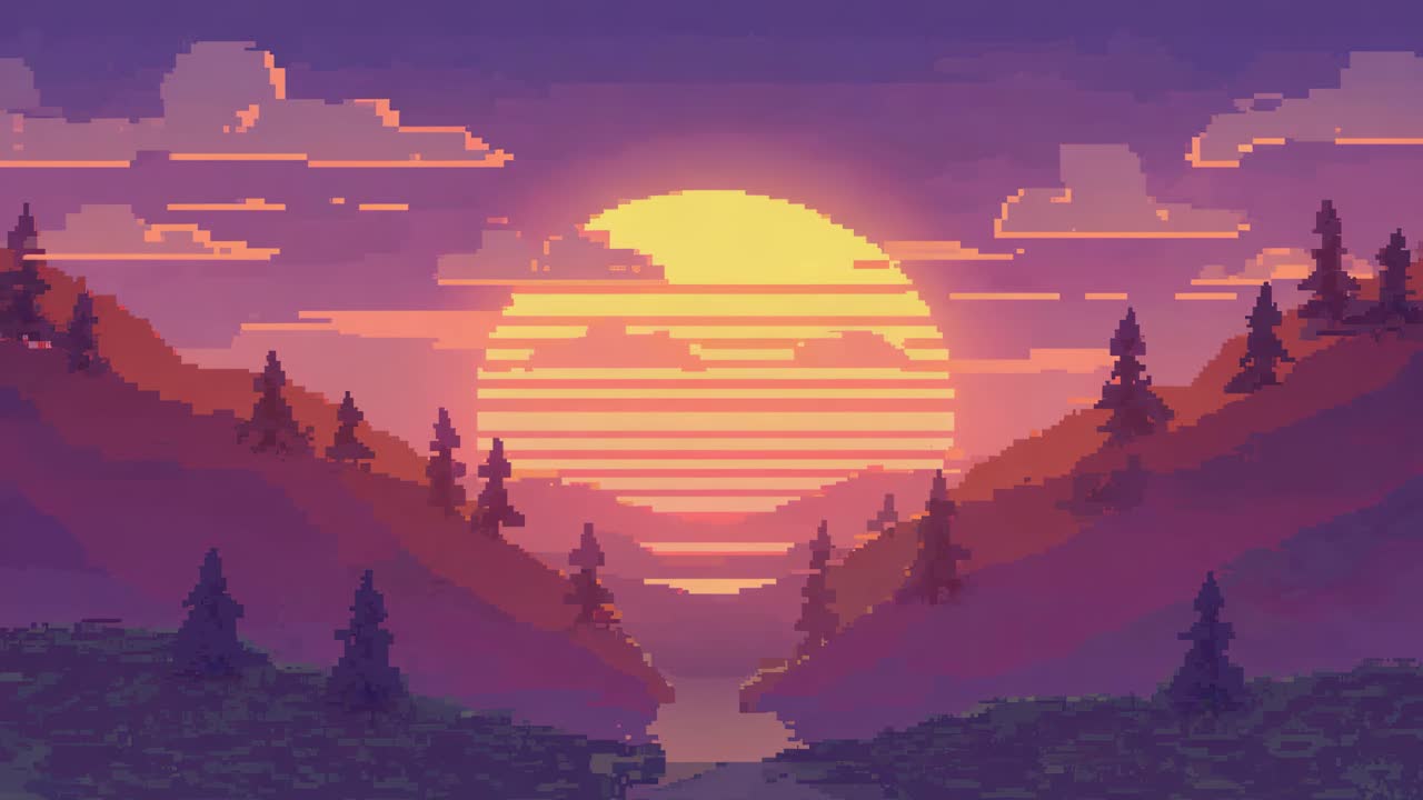 Pixel Art Retro Sunset Landscape | Premium Stock Video Footage