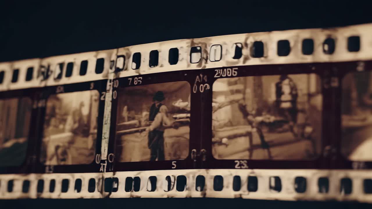 Sepia-toned film strip with vintage video frames, captured from a close-up angle, evokes nostalgia
