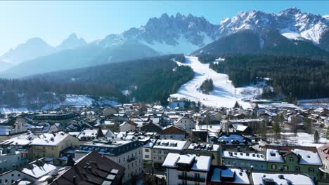 aerial view of the alpine town of san candido in italy.