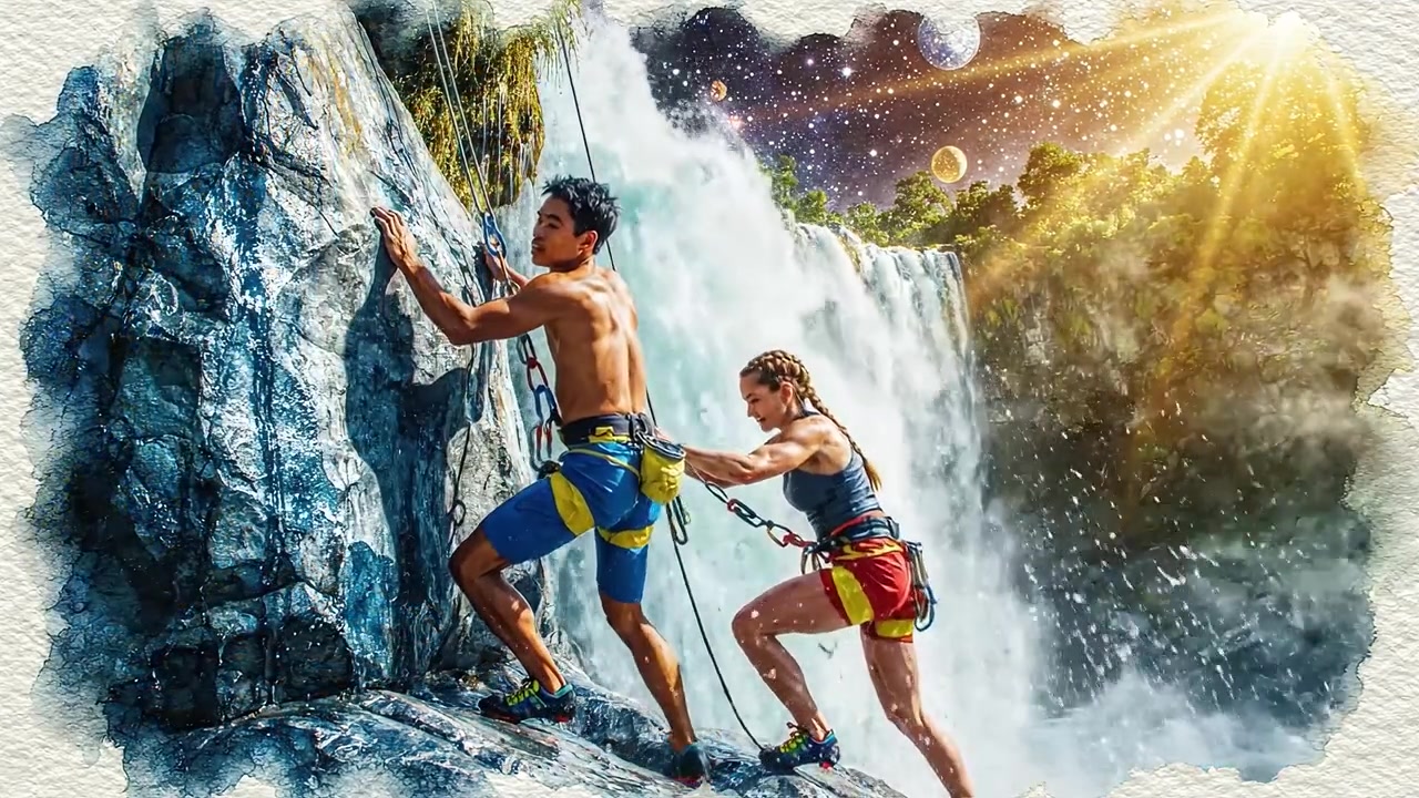 A breathtaking moment by the waterfall as two adventurers embrace nature's beauty and cosmic wonder, capturing the essence of exploration and unity in the outdoors.