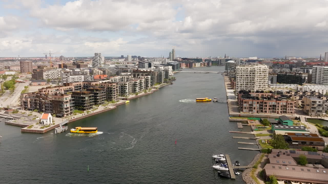 Aerial view of Sydhavn river with harbour buses, in sunny Copenhagen, Denmark