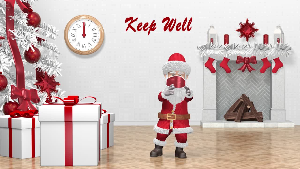 산타클로스가 수술 마스크를 쓰고 춤을 추고 크리스마스 축하와 새해 축하 2021 애니메이션 코로나바이러스 코비드-19 보호 크리스마스 애니메이션