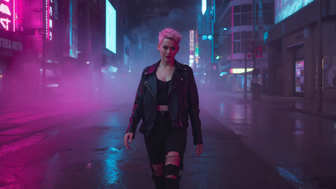 Donna che cammina con giacca di pelle nera che si avvicina all'obiettivo mentre la dolly si avvicina, insegne al neon, decisa