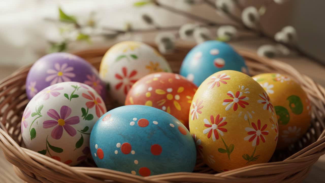 A Colorful Display of Hand-Painted Easter Eggs in a Woven Basket Surrounded by Delicate Spring Botanicals, Celebrating Seasonal Festivities and Creativity
