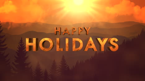 happy holidays text on sunset landscape with sun and forest