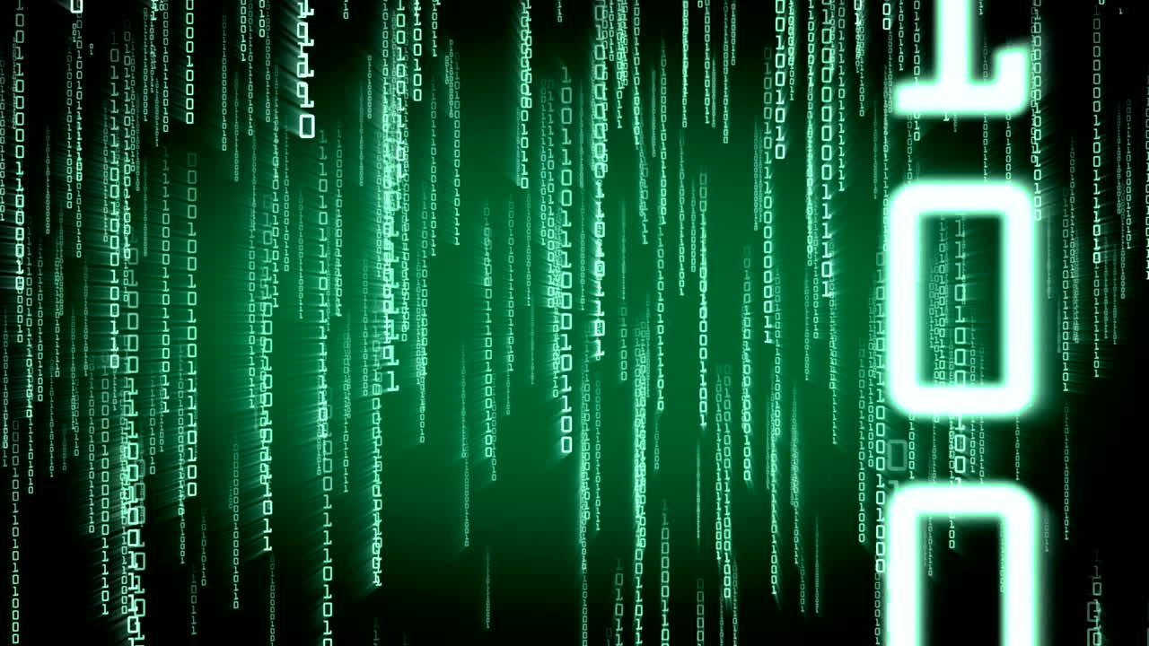 partículas verdes binarias que caen en la matriz. concepto de red sin costuras con alfa