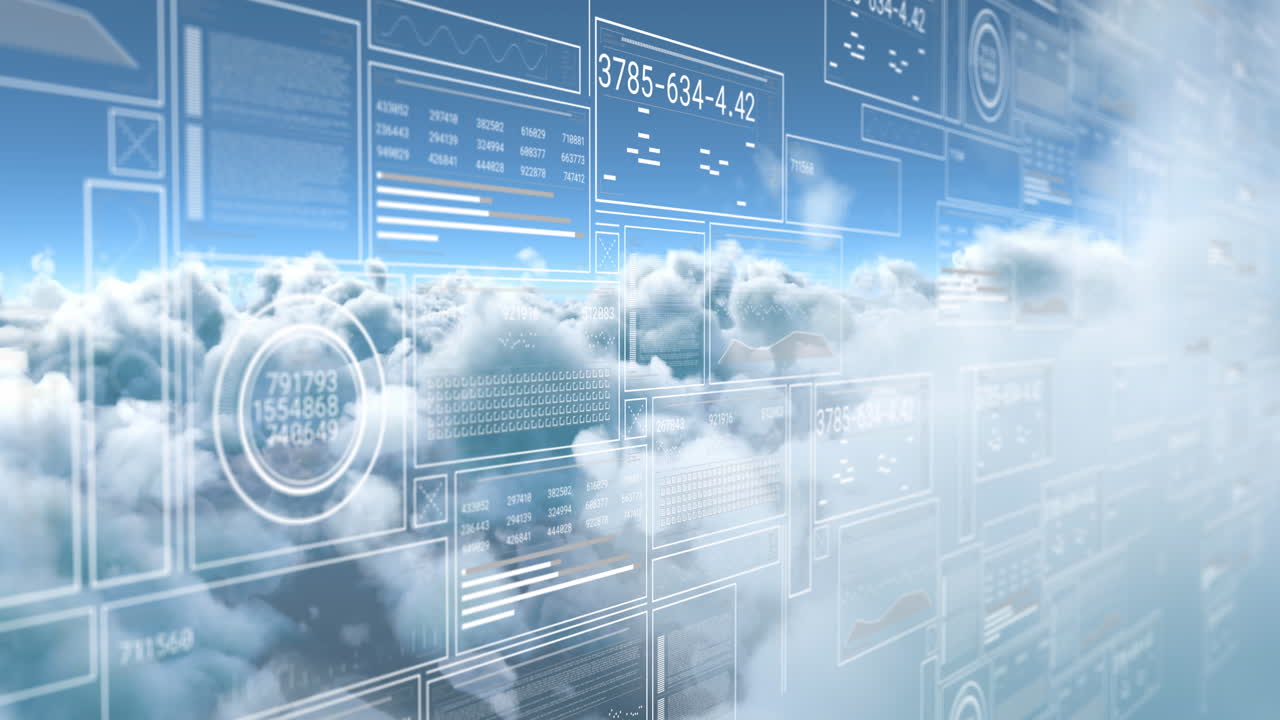 파란 하늘의 구름에 대항하여 데이터 처리 인터페이스의 애니메이션