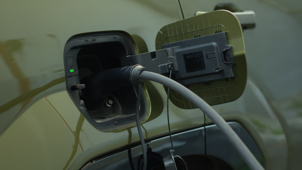 Closeup Of Ev Car Recharging, Concept Of Zero Carbon Footprint
