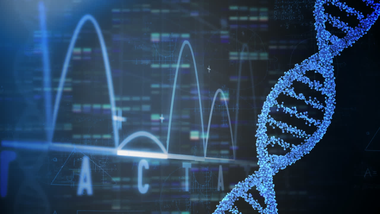 Animation of dna helix over letters and graph on falling bars against abstract background