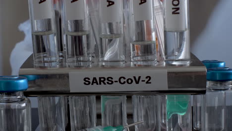 sars cov 2 test tubes labelled alpha gamma delta beta and omicron variants in rack