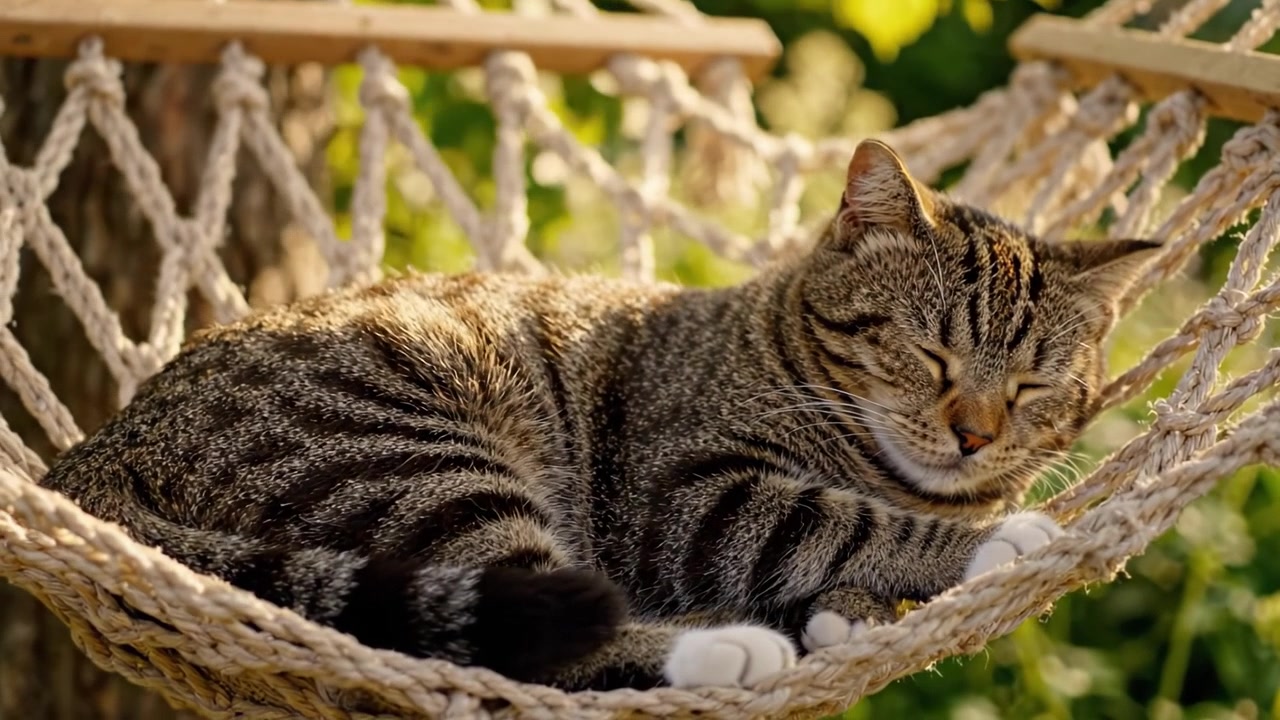 Un gatto accogliente che si rilassa su un'amaca godendosi il sole, circondato da una vegetazione lussureggiante, perfettamente catturato in due fotogrammi.