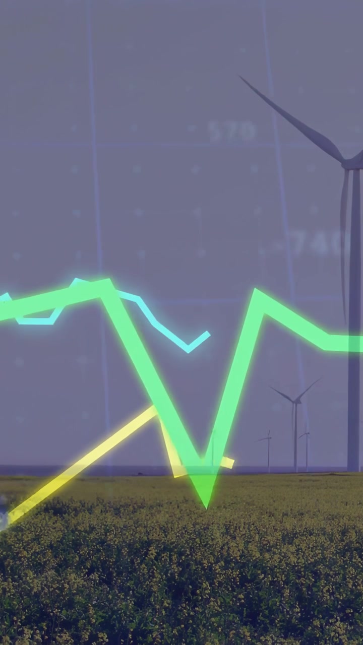 Video verticale: Linea verde che appare, grafici al neon che tracciano le tendenze delle turbine sovrapposti a immagini di colture che mostrano numeri.