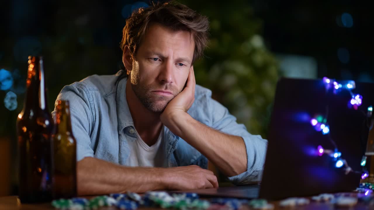 A Pensive Man Contemplates His Choices While Staring at a Computer Screen Surrounded by Poker Chips and Empty Bottles, Capturing a Moment of Reflection and Decision-Making in a Casual Evening Setting