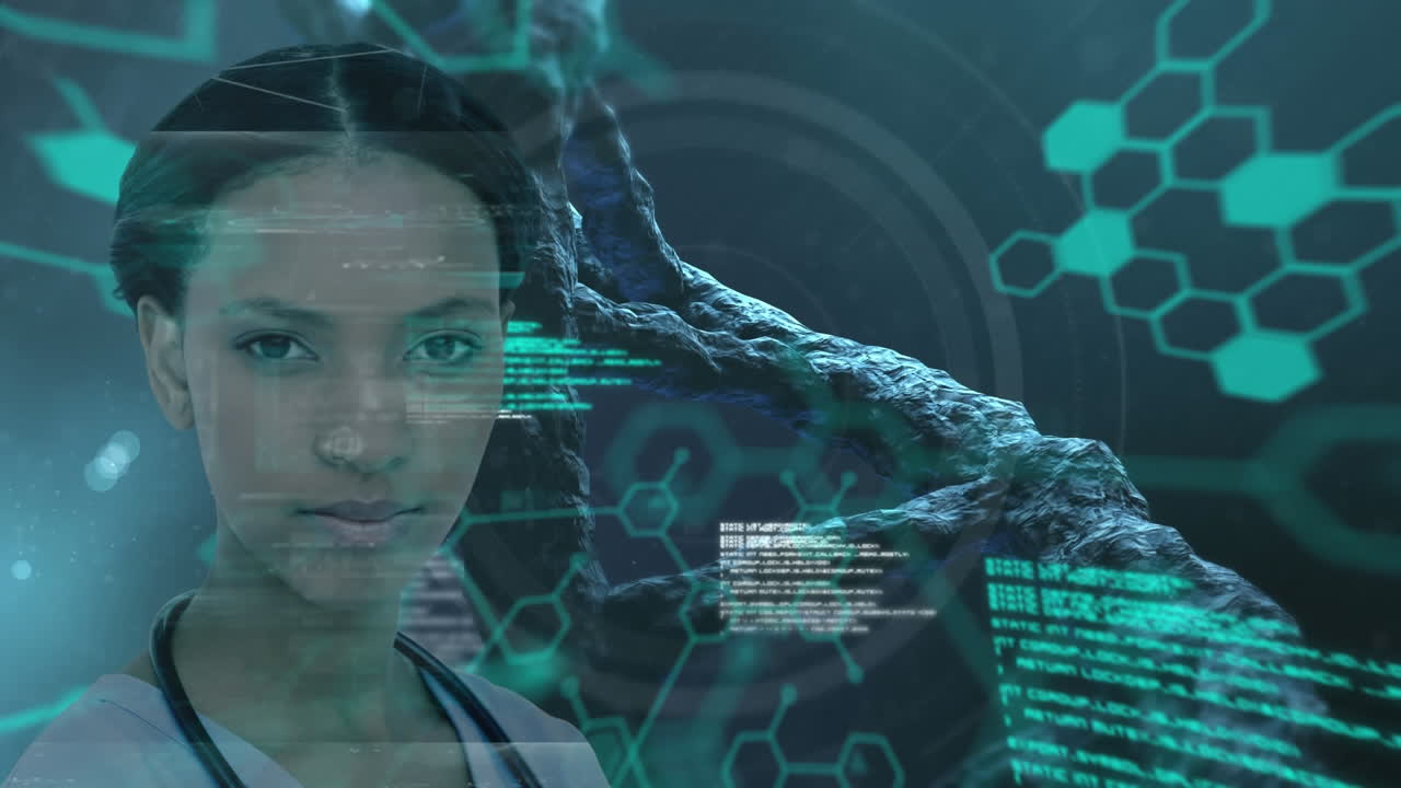 médica de raza mixta con cadena de adn, escaneo de alcance, procesamiento de datos científicos y hexagonal brillante