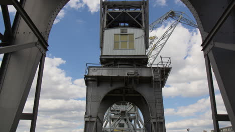 Antwerp,-Belgium---The-Ancient-Harbor-Cranes-Found-at-Antwerp's-Old-Port---Low-Angle-Shot