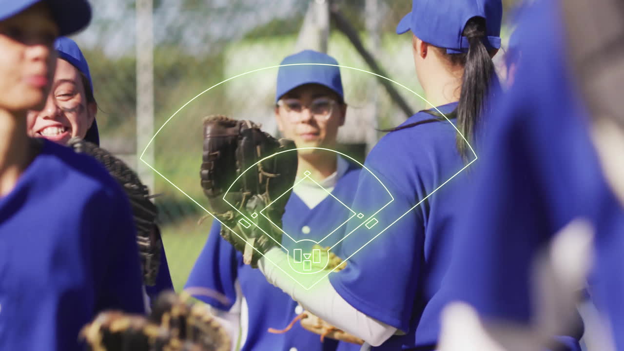Baseball field diagram animation over players in blue uniforms