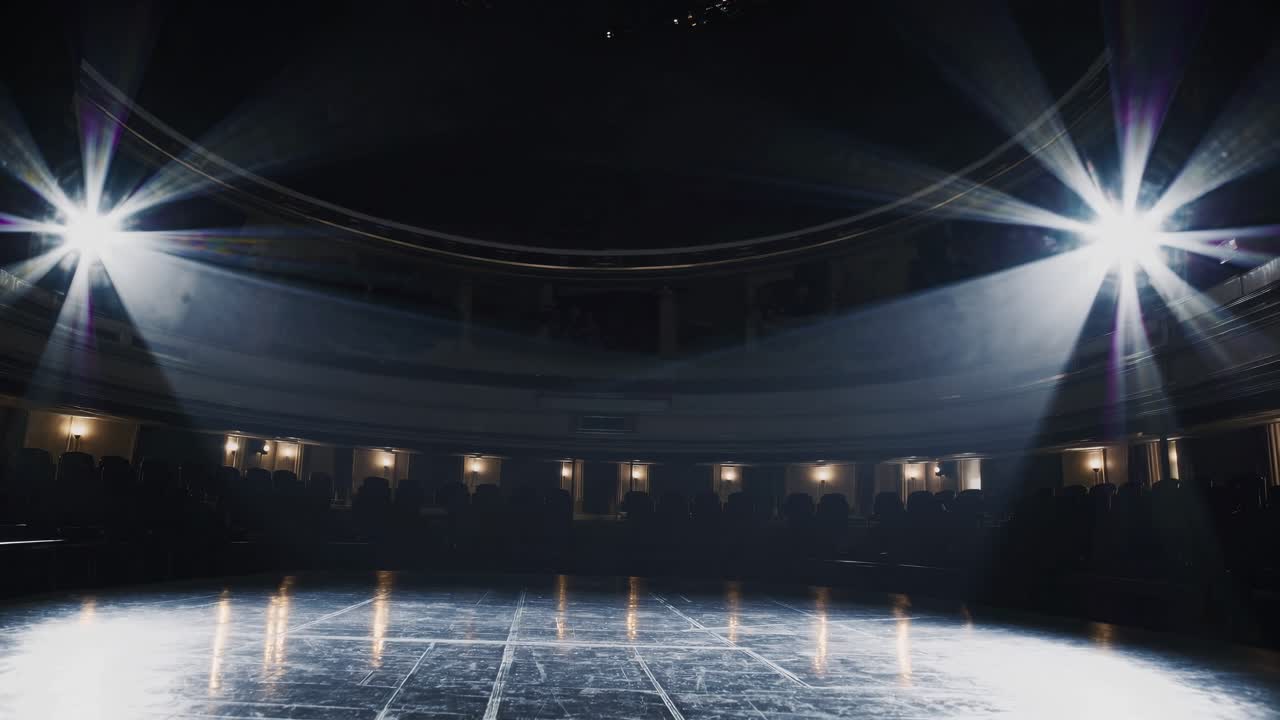 Videoaufnahme aus niedriger Perspektive einer leeren Theaterbühne mit dramatischer Beleuchtung, die die Pracht einfängt.