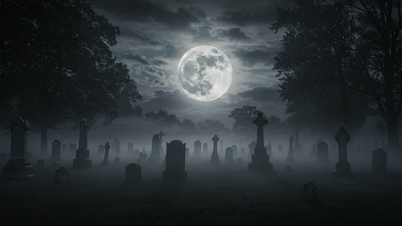 Mysterious and Haunting Night Scene in a Graveyard Under the Full Moon, Capturing the Essence of Spooky Atmosphere Surrounded by Fog and Tombstones