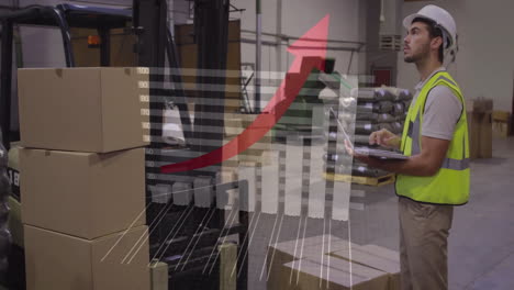 analyzing data and growth chart animation over warehouse worker with clipboard